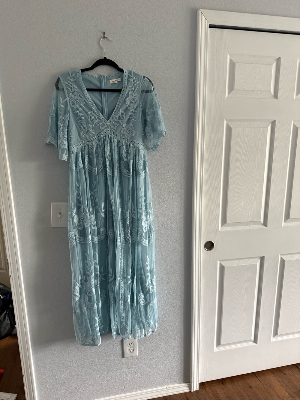 Embroidered Sky Blue V-Neck Maxi Dress